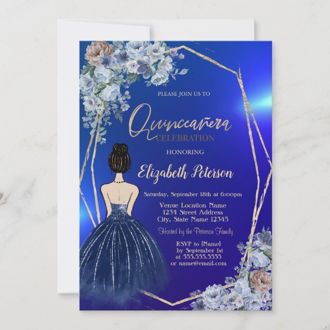 Invitation Robe à paillettes bleu marine, Fleurs bleues chic (Devant)
