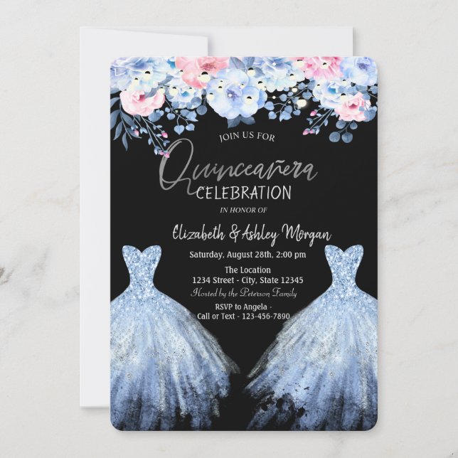 Invitation Robe à paillettes bleue fleurs roses (Devant)