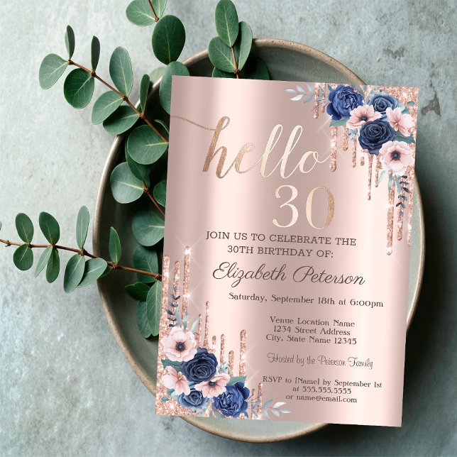Invitation Robe à paillettes bleues fleurs 30e anniversaire  (Créateur téléchargé)