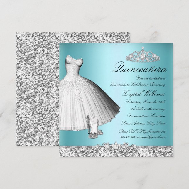 Invitation Robe à paillettes Blue Sparkle et talons Quinceane (Devant / Derrière)