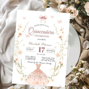 Invitation Robe à paillettes chic Fleurs sauvages Quinceanera