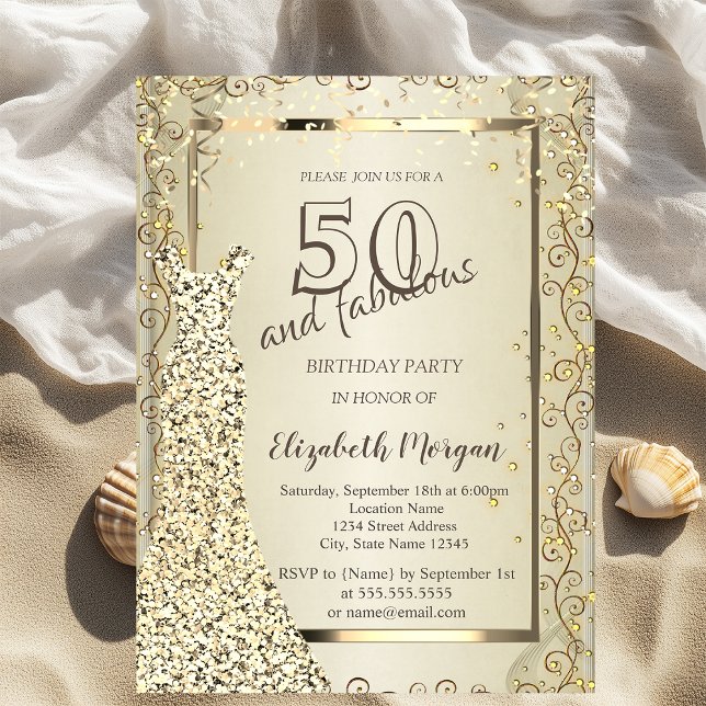 Invitation Robe à paillettes chic or 50e anniversaire (Créateur téléchargé)