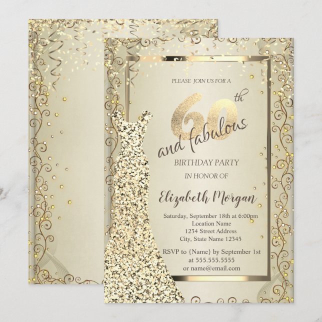 Invitation Robe à paillettes chic or 60e anniversaire (Devant / Derrière)