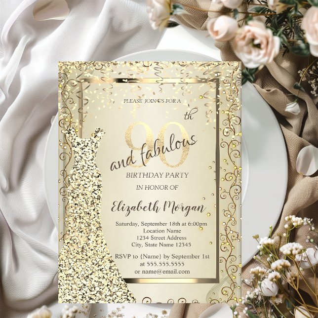 Invitation Robe à paillettes chic or 90e anniversaire (Créateur téléchargé)