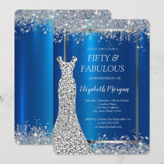 Invitation Robe à paillettes Confettis Brillants Bleu Métalli (Devant / Derrière)