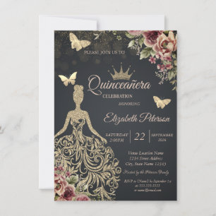 Invitation Robe à paillettes, confettis floraux papillon