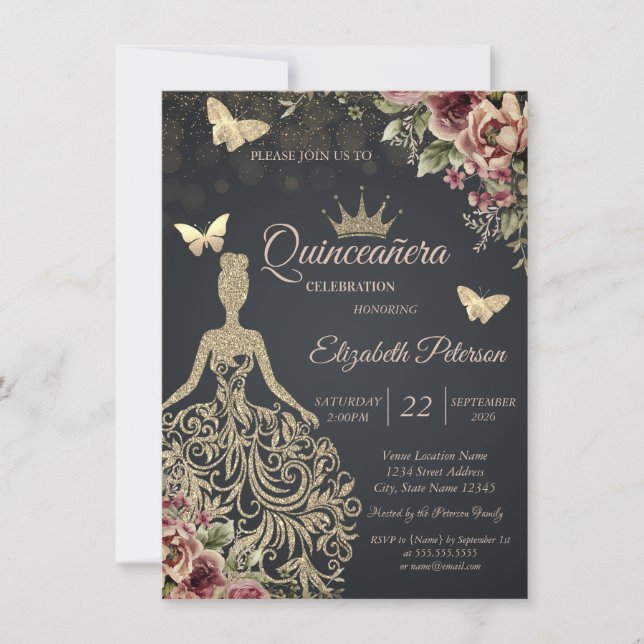 Invitation Robe à paillettes, confettis floraux papillon (Devant)