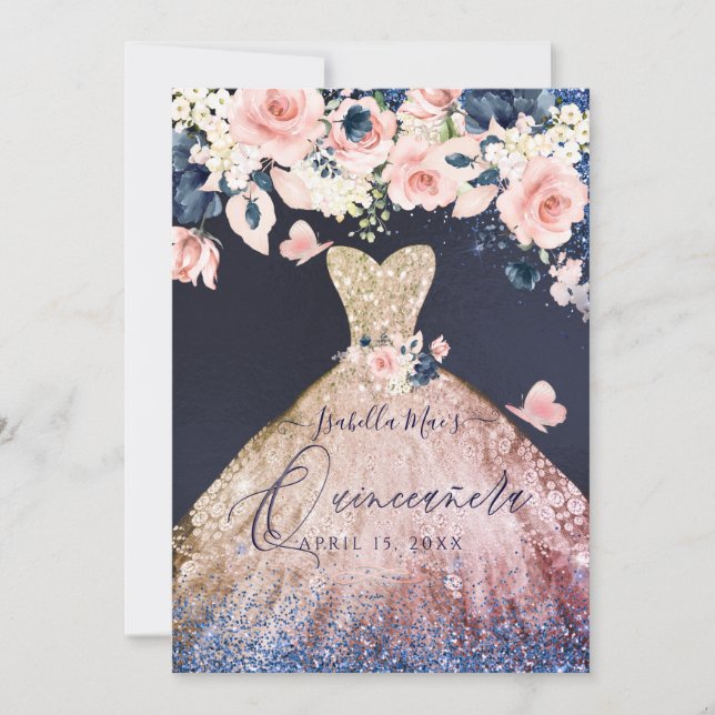 Invitation Robe à paillettes de Quinceanera ombré rose or (Devant)