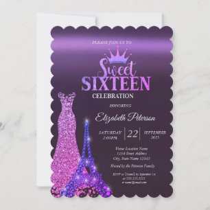 Invitation Robe à paillettes, Diadème, Tour Eiffel Sweet 16 V