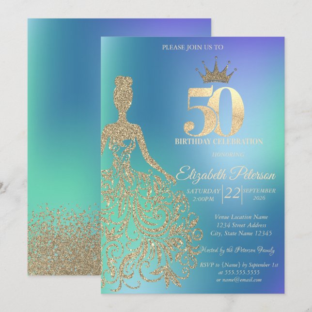 Invitation Robe à paillettes, Diamants Bleu Ombré 50e Anniver (Devant / Derrière)