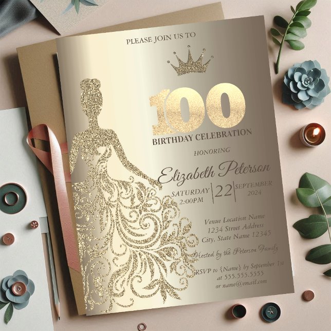 Invitation Robe à paillettes, diamants champagne 100e anniver (Créateur téléchargé)