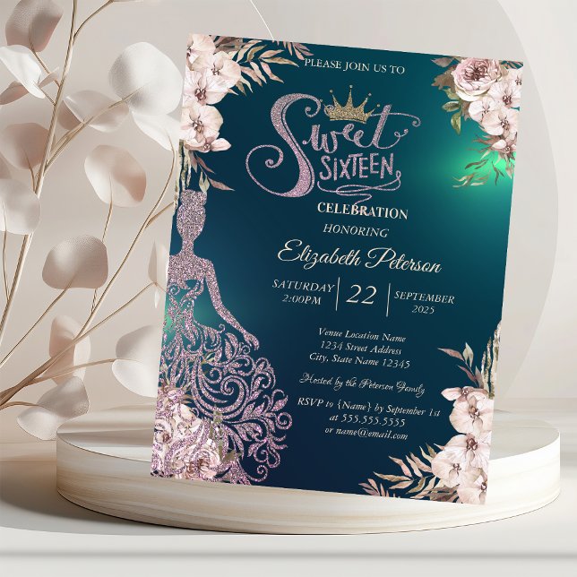 Invitation Robe à paillettes,Diamants Fleurs Vert Douce 16  (Créateur téléchargé)