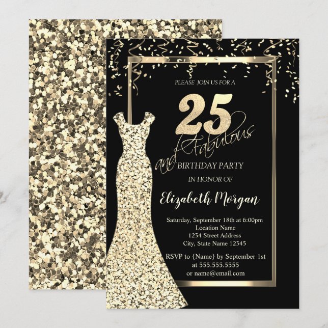 Invitation Robe à paillettes dorées Anniversaire 25 ans noir (Devant / Derrière)