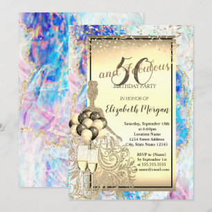 Invitation Robe à paillettes dorées, ballons, 50e anniversair