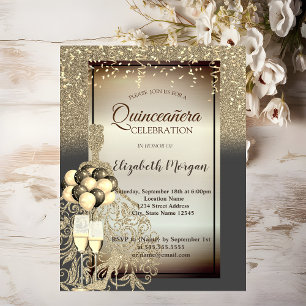 Invitation Robe à paillettes dorées, Ballons, Célébration de