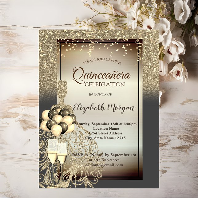 Invitation Robe à paillettes dorées, Ballons, Célébration de  (Créateur téléchargé)