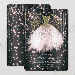 Invitation Robe à paillettes dorées Black Pink, fête douce 16