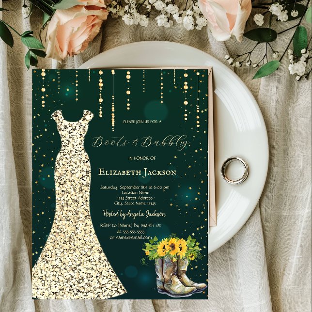 Invitation Robe à paillettes dorées, bottes tournesols vertes (Créateur téléchargé)