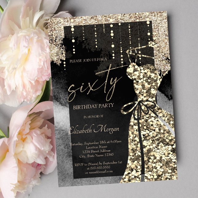 Invitation Robe à paillettes dorées brillantes 60 ans Anniver (Créateur téléchargé)