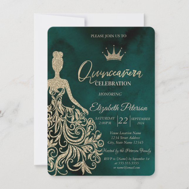 Invitation Robe à paillettes dorées chic, Diamants Vert Douce (Devant)