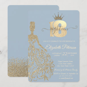 Invitation Robe à paillettes dorées, Diadème, 18e anniversair