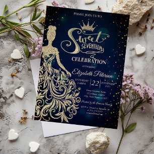 Invitation Robe à paillettes dorées, Diadème, Diamants Bleu D