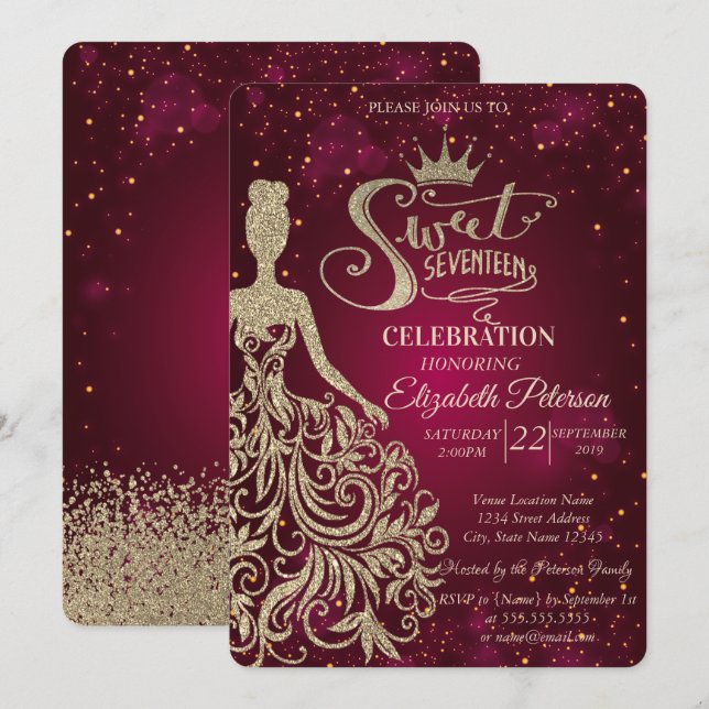 Invitation Robe à paillettes dorées, Diadème, Diamants Douce  (Devant / Derrière)