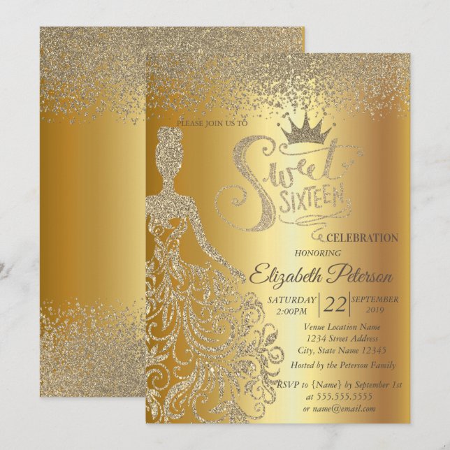 Invitation Robe à paillettes dorées, Diadème, Diamants Sweet  (Devant / Derrière)
