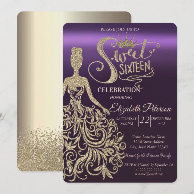 Invitation Robe à paillettes dorées, Diadème, Diamants Violet (Devant / Derrière)