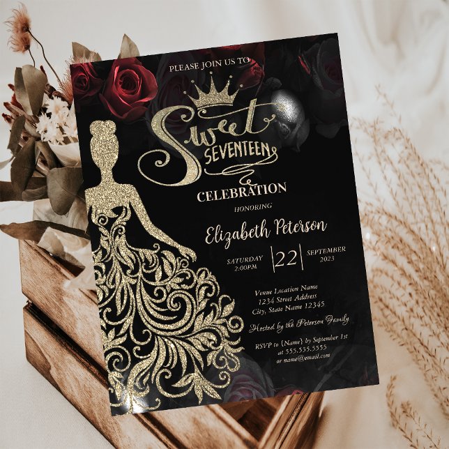 Invitation Robe à paillettes dorées, Diadème, Roses Douce 17  (Créateur téléchargé)