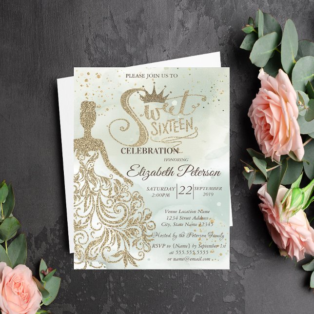 Invitation Robe à paillettes dorées, Diadème, Vert aquarelle  (Créateur téléchargé)