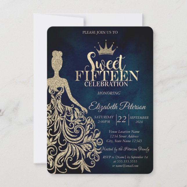 Invitation Robe à paillettes dorées, Diamants Bleu marine Swe (Devant)