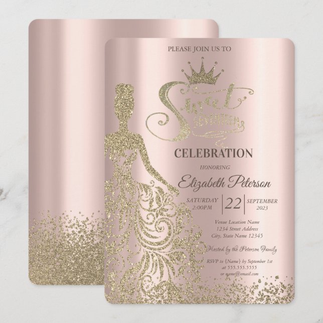 Invitation Robe à paillettes dorées, diamants rose dorée douc (Devant / Derrière)