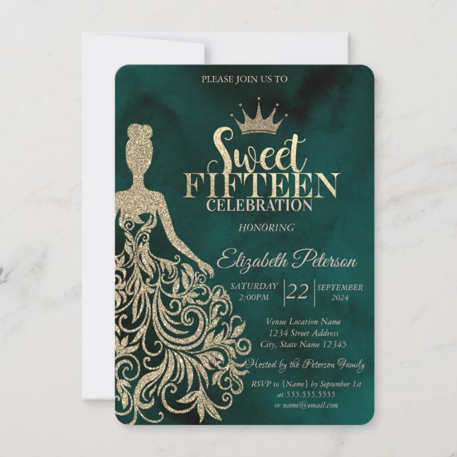 Invitation Robe à paillettes dorées, Diamants Vert Douce 15 (Devant)