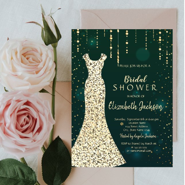 Invitation Robe à paillettes dorées, douche de mariage verte (Créateur téléchargé)