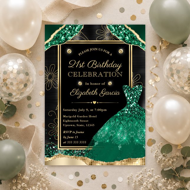 Invitation Robe à paillettes dorées et vertes 21e anniversair (Créateur téléchargé)