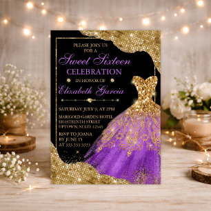 Invitation Robe à paillettes dorées et violettes et bordures 