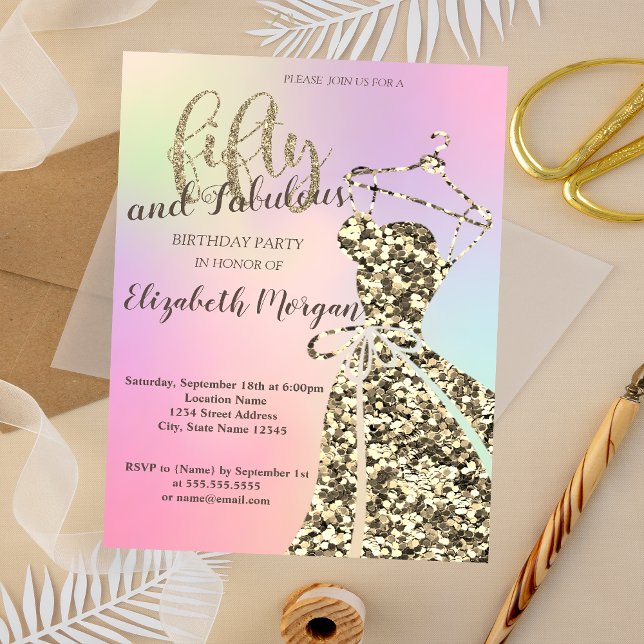 Invitation Robe à paillettes dorées, Fête d'anniversaire holo (Créateur téléchargé)