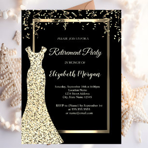 Invitation Robe à paillettes dorées Fête de retraite noire