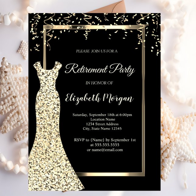 Invitation Robe à paillettes dorées Fête de retraite noire (Créateur téléchargé)