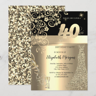Invitation Robe à Paillettes Dorées Fleurs en Verre 40e Anniv