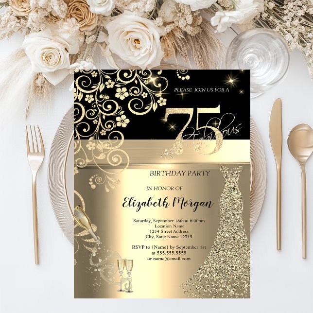 Invitation Robe à Paillettes Dorées Fleurs en Verre 75ème Ann (Créateur téléchargé)