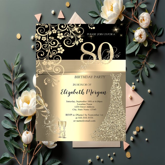 Invitation Robe à Paillettes Dorées Fleurs en Verre 80e Anniv (Créateur téléchargé)