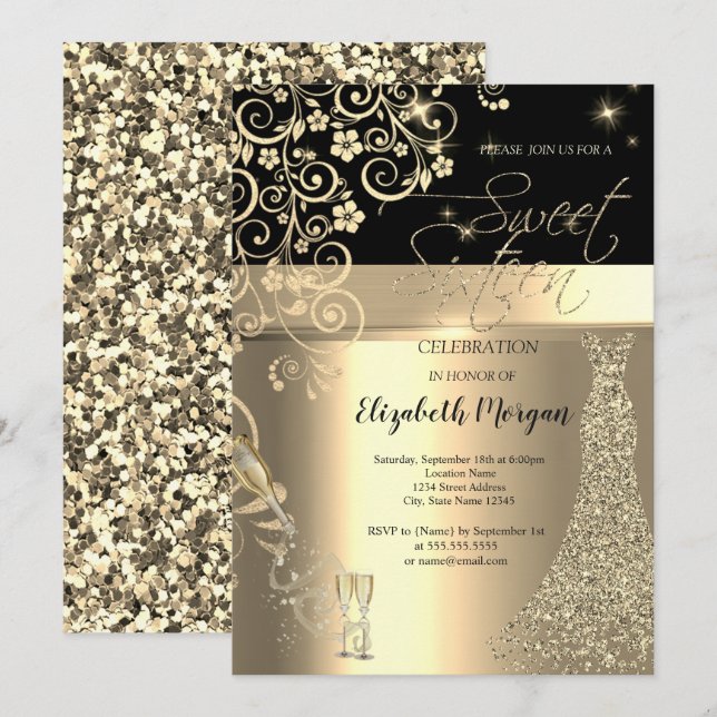 Invitation Robe à Paillettes Dorées Fleurs en Verre Anniversa (Devant / Derrière)