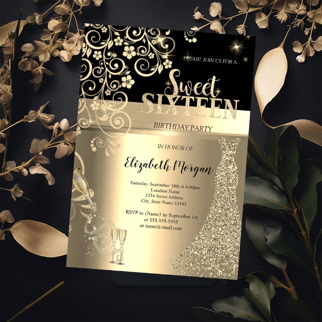 Invitation Robe à paillettes dorées Fleurs en verre Douce 16e (Créateur téléchargé)