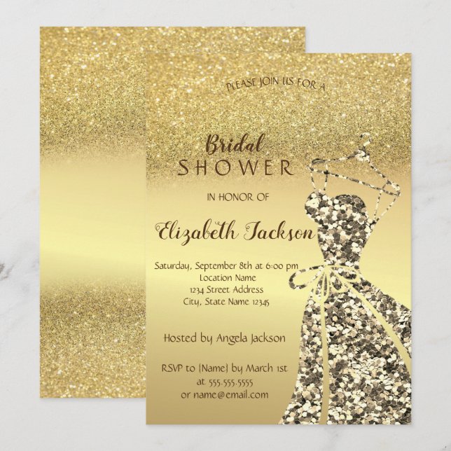 Invitation Robe à paillettes dorées, fond de bokeh pailleté p (Devant / Derrière)