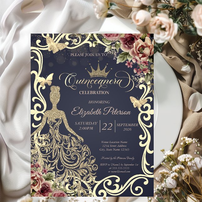 Invitation Robe à paillettes dorées, papillon floral encadré  (Créateur téléchargé)