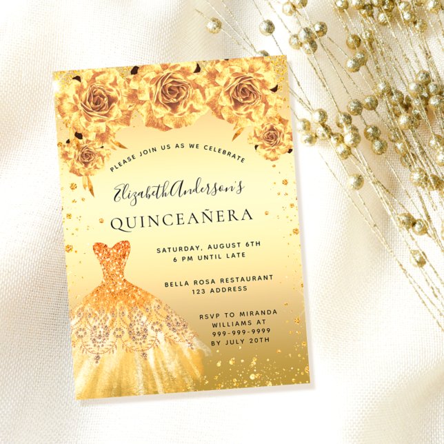 Invitation Robe à paillettes dorées pour Quinceanera, florale (Créateur téléchargé)