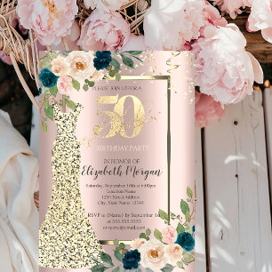 Invitation Robe à paillettes dorées, Rose Bleue Or 50e Annive