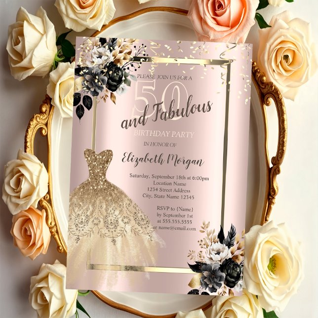Invitation Robe à paillettes dorées Roses noires 50e annivers (Créateur téléchargé)